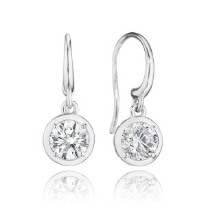 Tacori FE824RD5ND 18 Karat White Gold, pair of French wire drops carrying round brilliant diamonds in flat rimmed discs, earring turned sideways