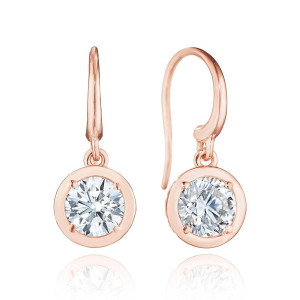 Tacori FE824RD6NDPK 18 Karat Rose Gold, pair of French wire drops carrying round brilliant diamonds in flat rose gold discs, earring rotated sideways
