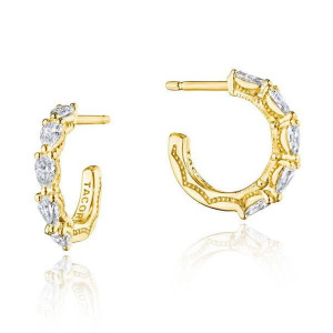 Tacori FE827FY 14 Karat Yellow Gold, angled pair view of the small open hoop with marquise diamonds along the outer edge