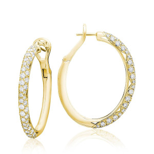 Tacori FE832Y 18 Karat Yellow Gold, angled pair view of the oval hoops with a domed pave diamond edge and hinged post closure