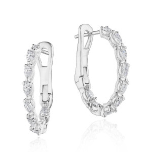 Tacori FE833 18 Karat White Gold, angled pair view of the oval hoops set with prong-set pear diamonds and milgrain edging