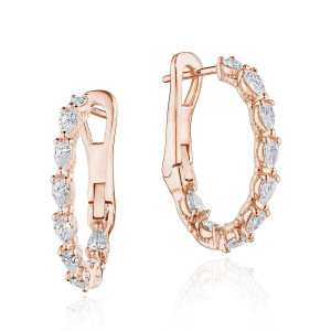 Tacori FE833PK 18 Karat Rose Gold, angled pair view of the rose gold oval hoops set with prong-set pear diamonds and milgrain