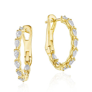 Tacori FE833Y 18 Karat Yellow Gold, angled pair view of the yellow gold oval hoops set with prong-set pear diamonds and milgrain