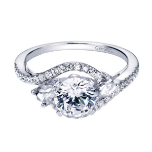Gabriel & Co. ER5331W44JJ 14 karat white gold Contemporary engagement ring, front view of a round center flanked by two pear side stones between crossing pave arms