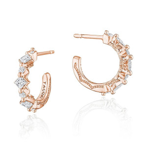 Tacori FE892PK 18 Karat Rose Gold, angled view of the open hoop with alternating carre and round diamonds and a milgrain inner rail