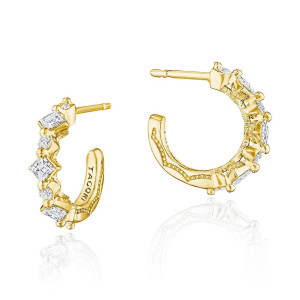 Tacori FE892Y 18 Karat Yellow Gold, angled view of the open hoop with carre and round diamonds and the maker name engraved inside