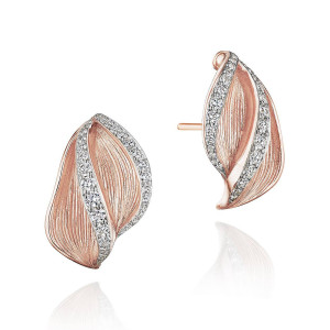 Tacori FE906PK 18 Karat Rose Gold, angled pair view of the rose gold double petal huggies with fluted leaves and curving pave diamond bands