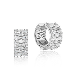 Tacori FE923PLT Platinum, front and angled views of the wide hoop earrings with stacked marquise diamonds, round diamond borders and openwork gallery
