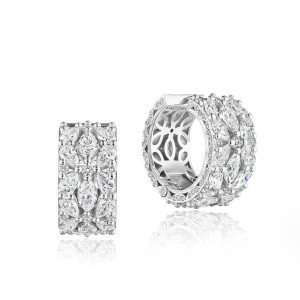 Tacori FE925PLT Platinum, front and angled views of the wide hoop earrings with marquise diamonds set as flower petals around round centers, pave edges