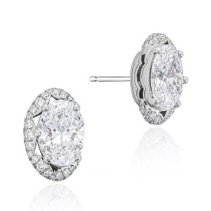 Tacori FE683OV10X75FWLD 14 Karat White Gold, angled pair view of the oval solitaire studs with prong-set oval centers over pave crescent halos