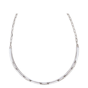 Tacori FN664FW16-M 14 Karat White Gold, flat view of the collar with a polished curved front bar, pave diamond panels, and an elongated link chain