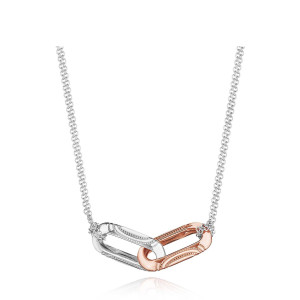 Tacori FN842WPK17 18 Karat White - Rose Gold, top view of the two-tone interlocking double link pendant with milgrain beading on a double cable chain