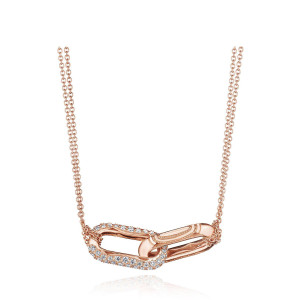 Tacori FN844PK17 18 Karat Rose Gold, top view of the interlocking double link pendant with one pave diamond link and one polished milgrain link