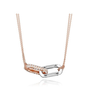 Tacori FN844PKW17 18 Karat Rose - White Gold, angled view of the two-tone interlocking double link pendant with a pave diamond link and a milgrain link