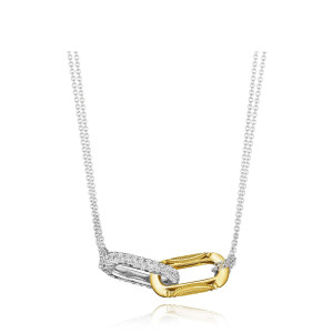 Tacori FN844WY17 18 Karat White - Yellow Gold, angled view of the two-tone interlocking double link pendant with a pave diamond link and a milgrain link