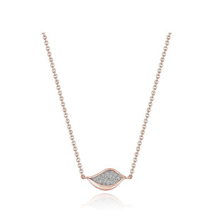 Tacori FN911PK18 18 Karat Rose Gold, front view of the leaf shaped petal pendant with a pave diamond center panel on a cable chain
