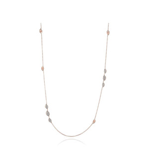 Tacori FN916PK32 18 Karat Rose Gold, full length view of the long station necklace with ten leaf stations, several set with pave diamonds