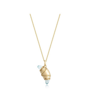 Tacori FN948AQUFY18 14 Karat Yellow Gold, front view of the crescent charm necklace with pale blue aquamarine bullet ends and beaded gold borders
