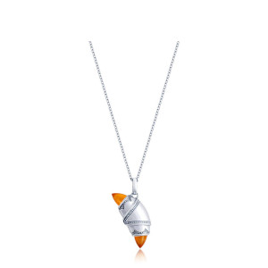 Tacori FN948CARFW18 14 Karat White Gold, front view of the crescent charm necklace with orange carnelian bullet ends and beaded white metal borders