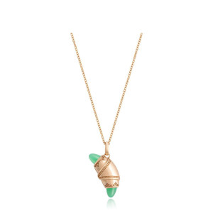 Tacori FN948CHRFPK18 14 Karat Rose Gold, front view of the crescent charm necklace with green chrysoprase bullet ends and beaded gold borders