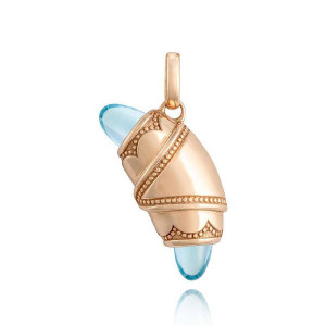 Tacori FN948SWTFPK 14 Karat Rose Gold, angled close view of the beaded crescent cookie charm with sky blue cabochon tips and open bail