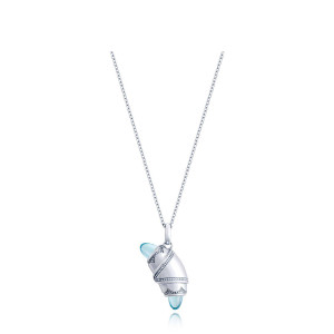 Tacori FN948SWTFW18 14 Karat White Gold, angled view of the beaded crescent cookie pendant with sky blue cabochon tips on a cable chain
