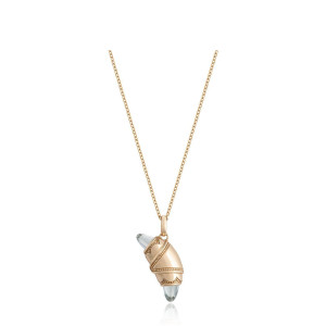 Tacori FN948WTFPK18 14 Karat Rose Gold, front view of the crescent cookie pendant on a fine cable chain with a colourless topaz point