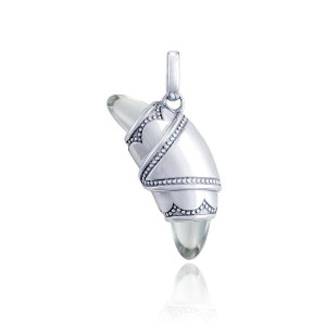 Tacori FN948WTFW 14 Karat White Gold, angled view of the crescent charm wrapped around a colourless topaz bullet with beaded scalloped edges