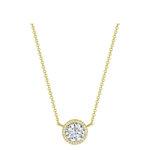 Tacori FP67065LDY 18 Karat Yellow Gold, front view of the round pave halo pendant on a yellow gold cable chain