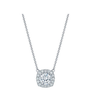 Tacori FP803CU5NDPLT Platinum, front view of the cushion-shaped halo pendant suspended from a rolo chain