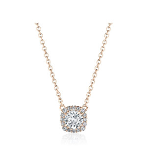 Tacori FP803CU5LDPK 18 Karat Rose Gold, front view of the cushion halo pendant with a round center on a rose chain