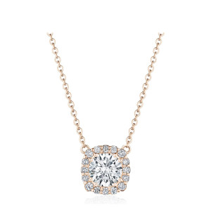 Tacori FP803CU65LDPK 18 Karat Rose Gold, front view of the rose gold cushion halo pendant on a rolo chain