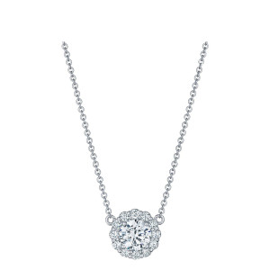 Tacori FP803RD65LD 18 Karat White Gold, front view of the scalloped halo pendant with a prong set round center on a cable chain