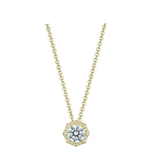 Tacori FP804RD65LDY 18 Karat Yellow Gold, front view of the octagonal pave halo pendant with a round center on an oval link chain