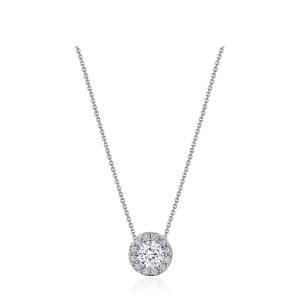 Tacori FP809RD55ND 18 Karat White Gold, front view of the round halo pendant centering one round diamond on a fine chain