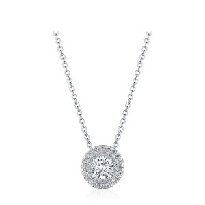 Tacori FP810RD5ND 18 Karat White Gold, front view of the double halo round pendant on a cable chain