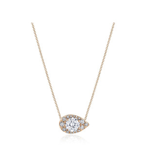 Tacori FP811ERDPS5NDPK 18 Karat Rose Gold, front view of the horizontal pear-shaped pave halo around a round center diamond