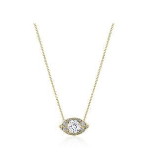 Tacori FP811HRDMQ55NDY 18 Karat Yellow Gold, front view of the sideways marquise halo pendant with a prong-set round center