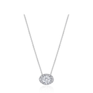 Tacori FP811HRDOV55ND 18 Karat White Gold, front view of the horizontal oval halo pendant with a prong-set round center on a cable chain