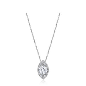 Tacori FP811VRDMQ65NDPLT Platinum, front view of the vertical marquise halo pendant with a round center diamond on a cable chain