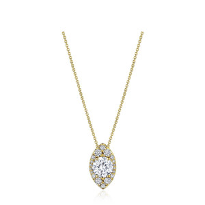 Tacori FP811VRDMQ65NDY 18 Karat Yellow Gold, front view of the vertical marquise halo pendant with a round center diamond on a cable chain