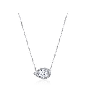 Tacori FP811WRDPS6LD 18 Karat White Gold, top view of the sideways pear halo pendant with a round center on a fine cable chain