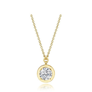Tacori FP812RD65NDY 18 Karat Yellow Gold, top view of the round bezel pendant with a round brilliant diamond on a cable chain
