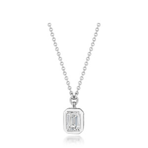Tacori FP812VEC55X4ND 18 Karat White Gold, top view of the bezel-set upright emerald cut diamond pendant on a cable chain