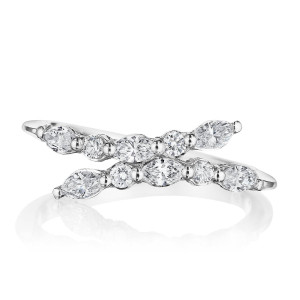 Tacori FR691 18 Karat White Gold, top view of the open bypass shank with two rows of prong set marquise and round diamonds