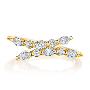 Tacori FR691Y 18 Karat Yellow Gold, top view of the open bypass shank with two rows of prong set marquise and round diamonds