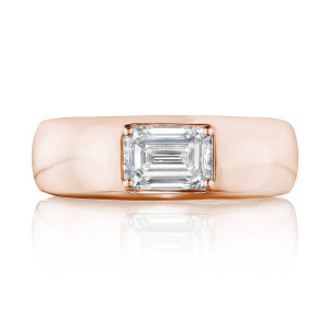 Tacori FR817EC7X5NDPK 18 Karat Rose Gold, head on view of the wide domed band with the large east west set emerald cut diamond