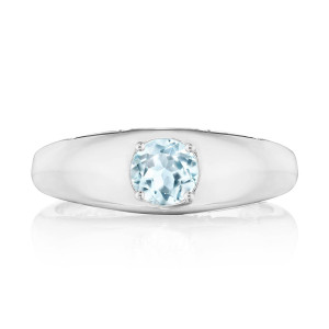 Tacori FR817RD5BTFW 14 Karat White Gold, top view of the slim domed band with a round sky blue topaz held in four prongs