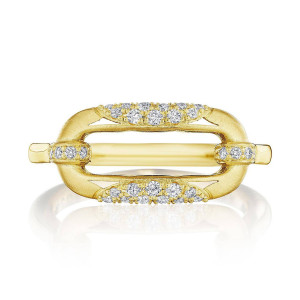 Tacori FR840SY 18 Karat Yellow Gold, top view of the open link motif with pave set diamond bars across a brushed yellow frame