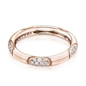 Tacori FR848PK 18 Karat Rose Gold, profile view of the band showing milgrain framed pave diamond stations between polished segments